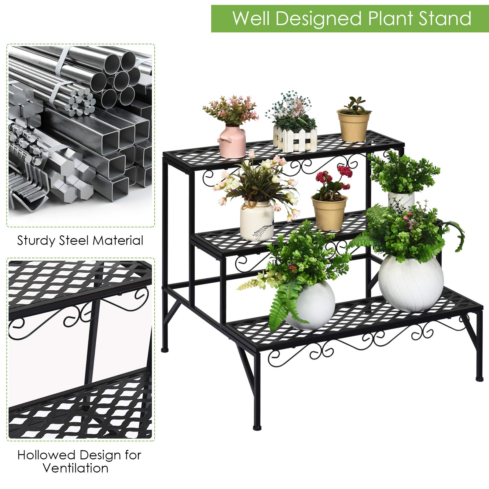 3 Tiers Metal Plant Stand, Ladder Plant Display Rack - Giantex