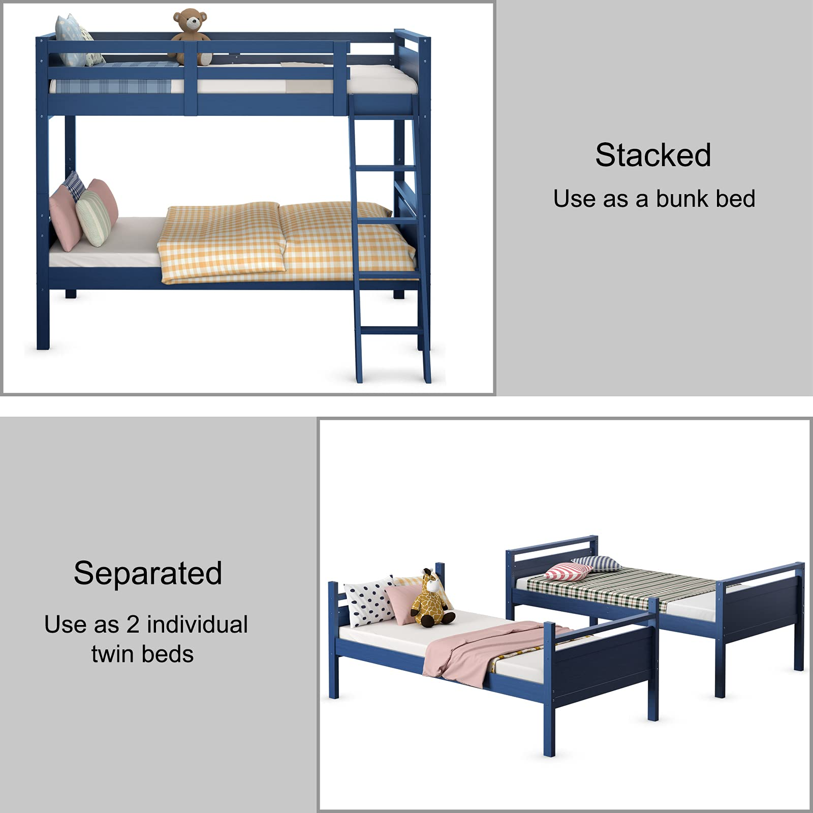 Giantex Twin Over Twin Bunk Bed, Solid Wood Twin Bunk Bed Convertible Into Two Individual Beds