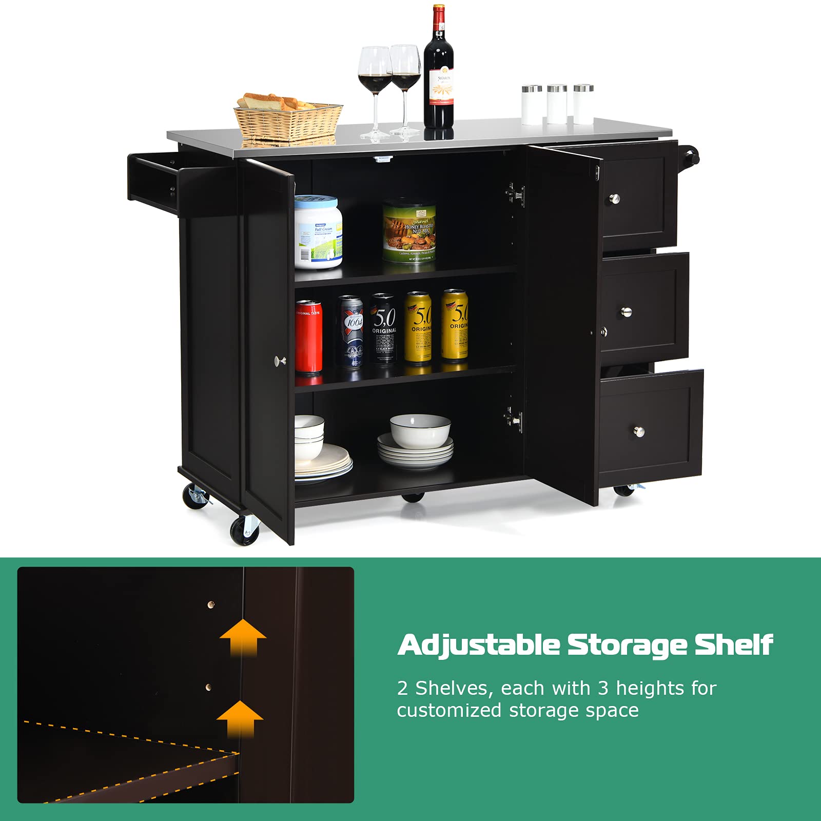 Giantex Kitchen Island with Stainless Steel Countertop, Dark Brown