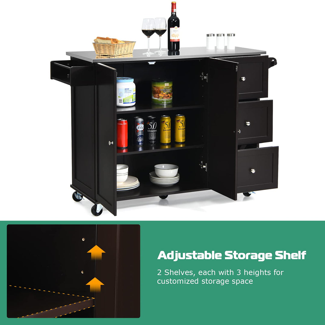Giantex Kitchen Island with Stainless Steel Countertop, Dark Brown
