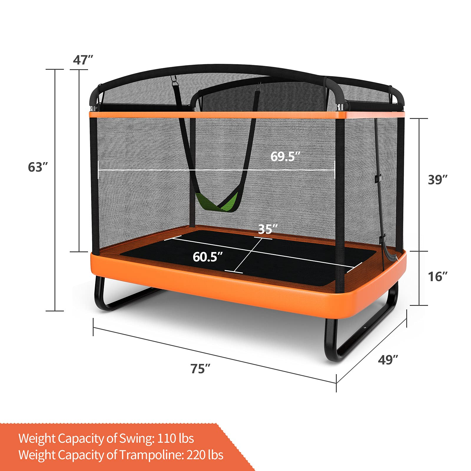 Giantex 6 Ft Kids Trampoline with Swing, Baby Toddler Rectangle Trampoline, Max Load 220lbs (Blue/Orange) - Giantexus