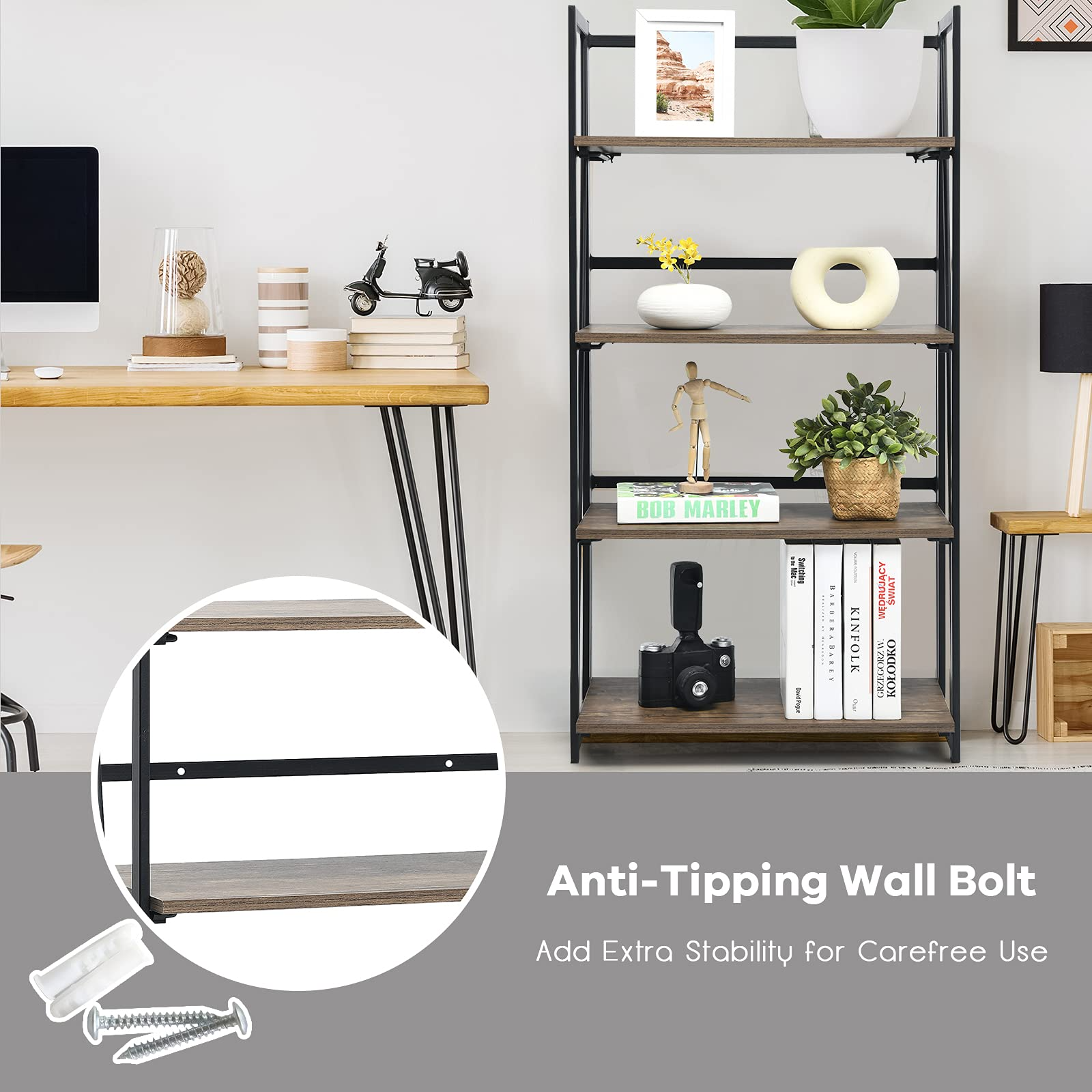 Giantex 4-Tier Bookshelf, No-Assembly Folding Industrial Storage Shelves w/ Anti-Tipping Wall Bolt