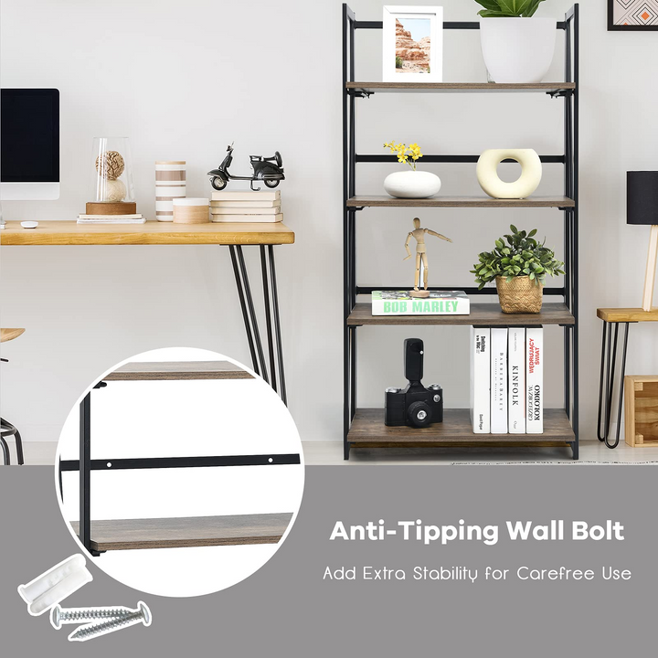Giantex 4-Tier Bookshelf, No-Assembly Folding Industrial Storage Shelves w/ Anti-Tipping Wall Bolt