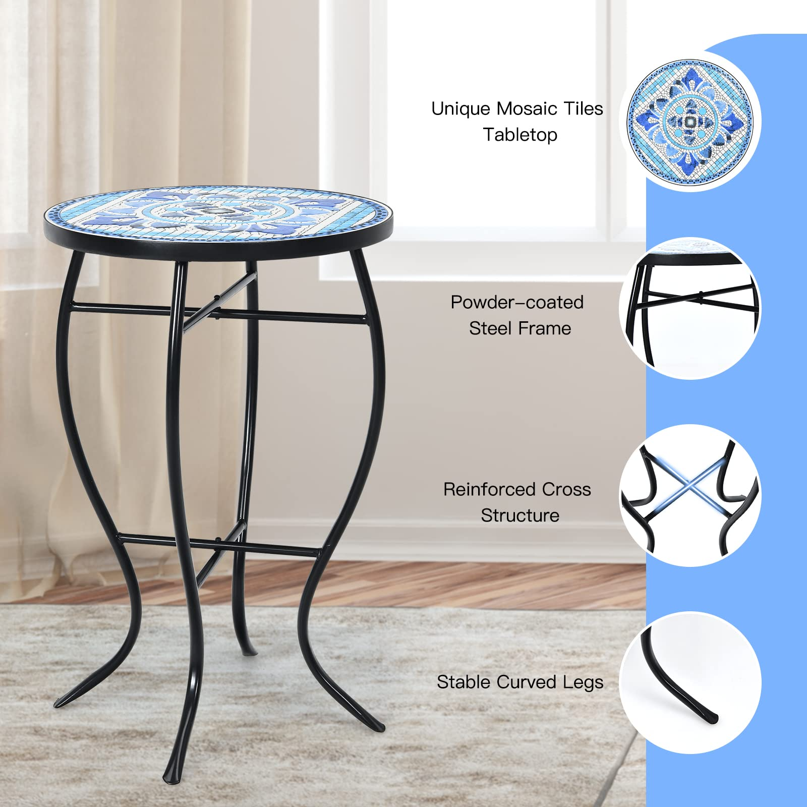 Giantex Folding Mosaic Patio Table, 14'' Outdoor Side Table Round Accent Table Plant Stand with Ceramic Tile Top
