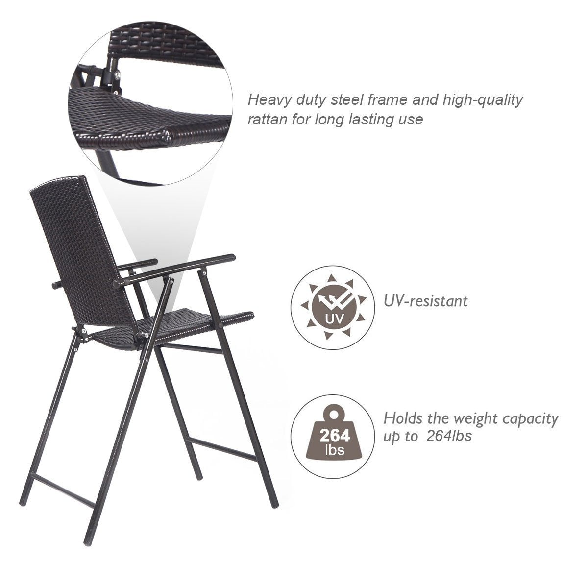 Giantex Folding Wicker Rattan Bar Chairs Tall Stool with Back Steel Frame