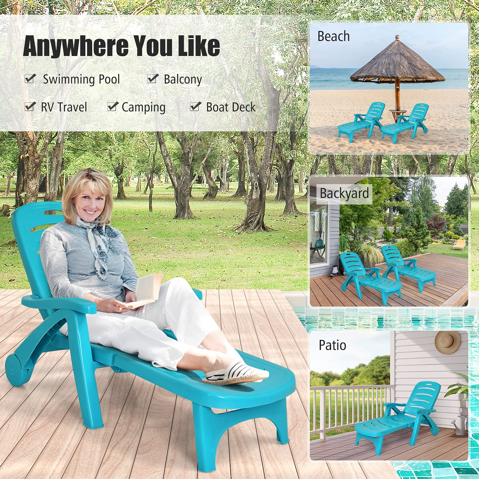  Patio Chaise Lounge Recliner on Wheels - Giantex