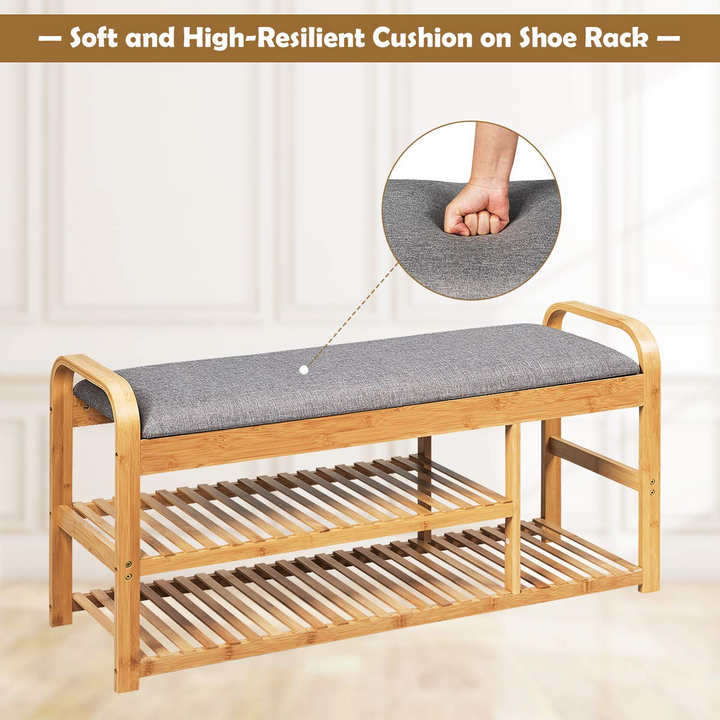 Giantex Shoe Rack Bench, Entryway 3-Tier Bamboo Shoe Organizer with Cushion (Natural and Grey)