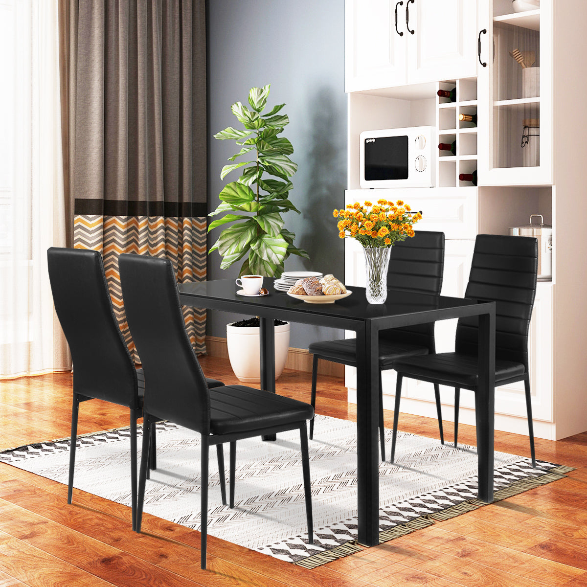 5 Piece Kitchen Dining Table Set with Glass Table Top Leather Padded 4 Chairs (Black) - Giantexus