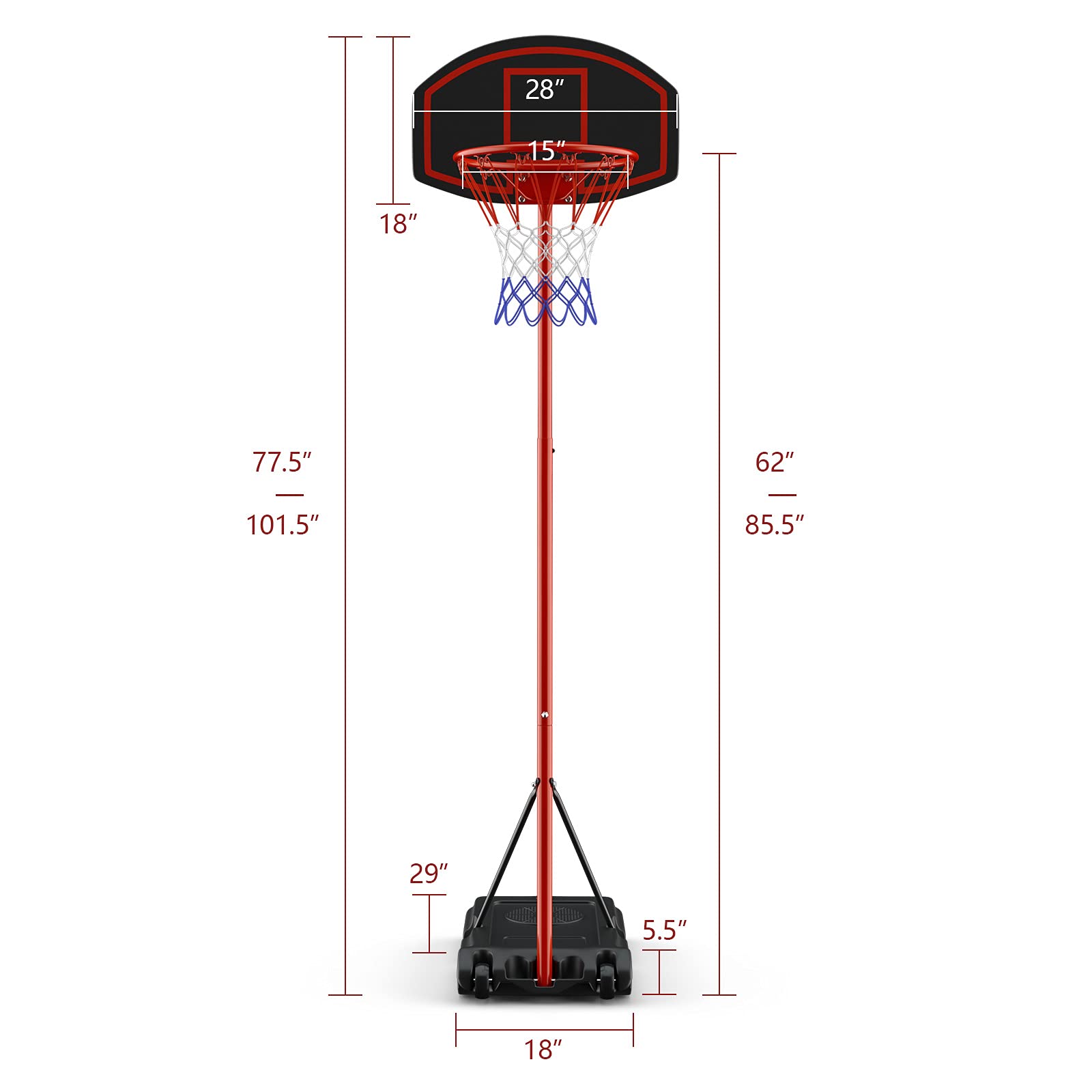 Giantex Portable Basketball Hoop Adjustable Height 6.5 - 8.5 FT, Backboard System Stand with 2 Wheels