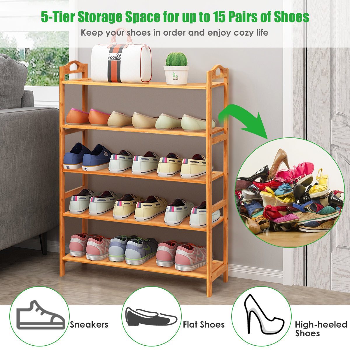 Bamboo Shoe Rack 5 Tier, Freestanding Shoe Rack - Giantexus