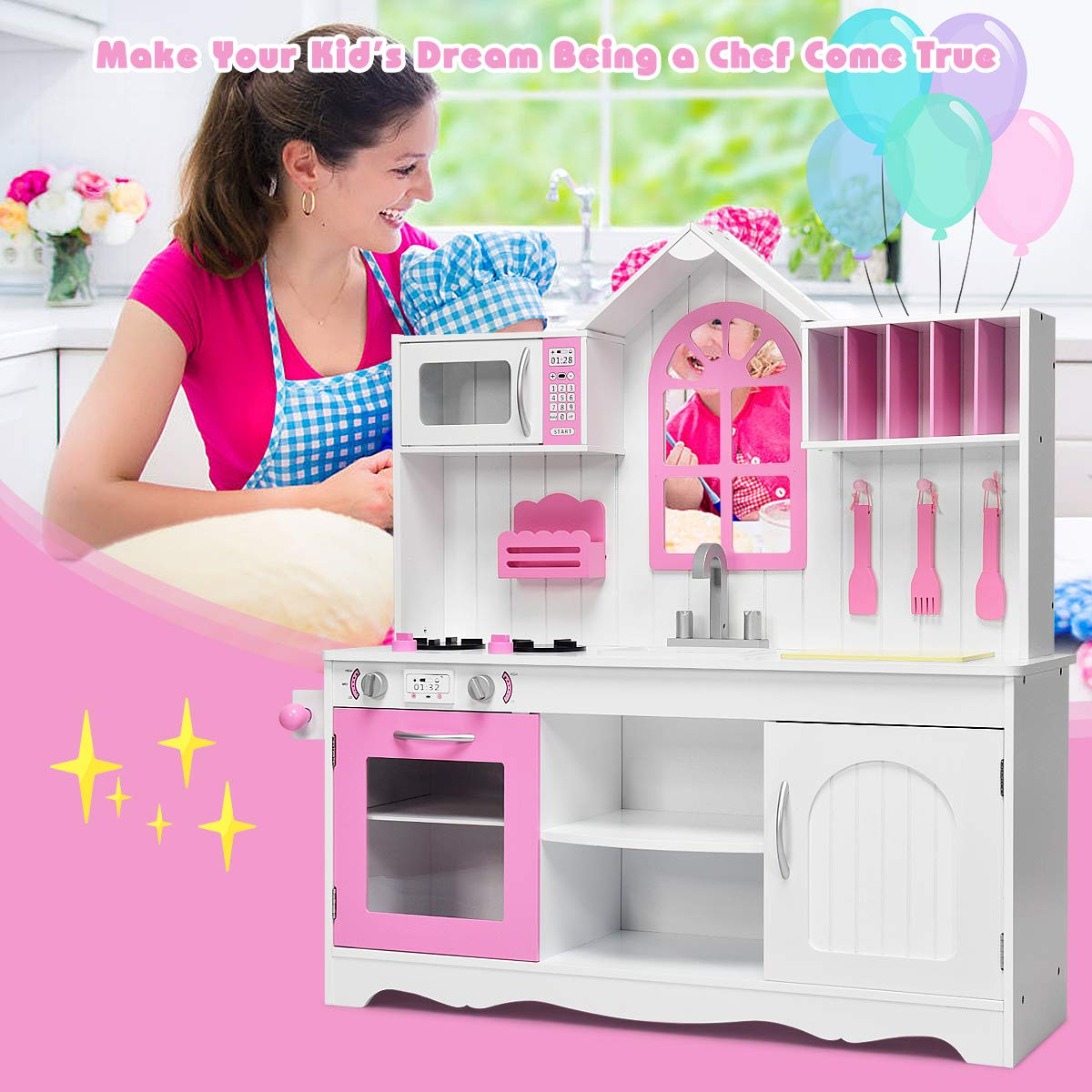 Giantex Wood Play Kitchen, Pink Kids Kitchen Playset for Toddlers