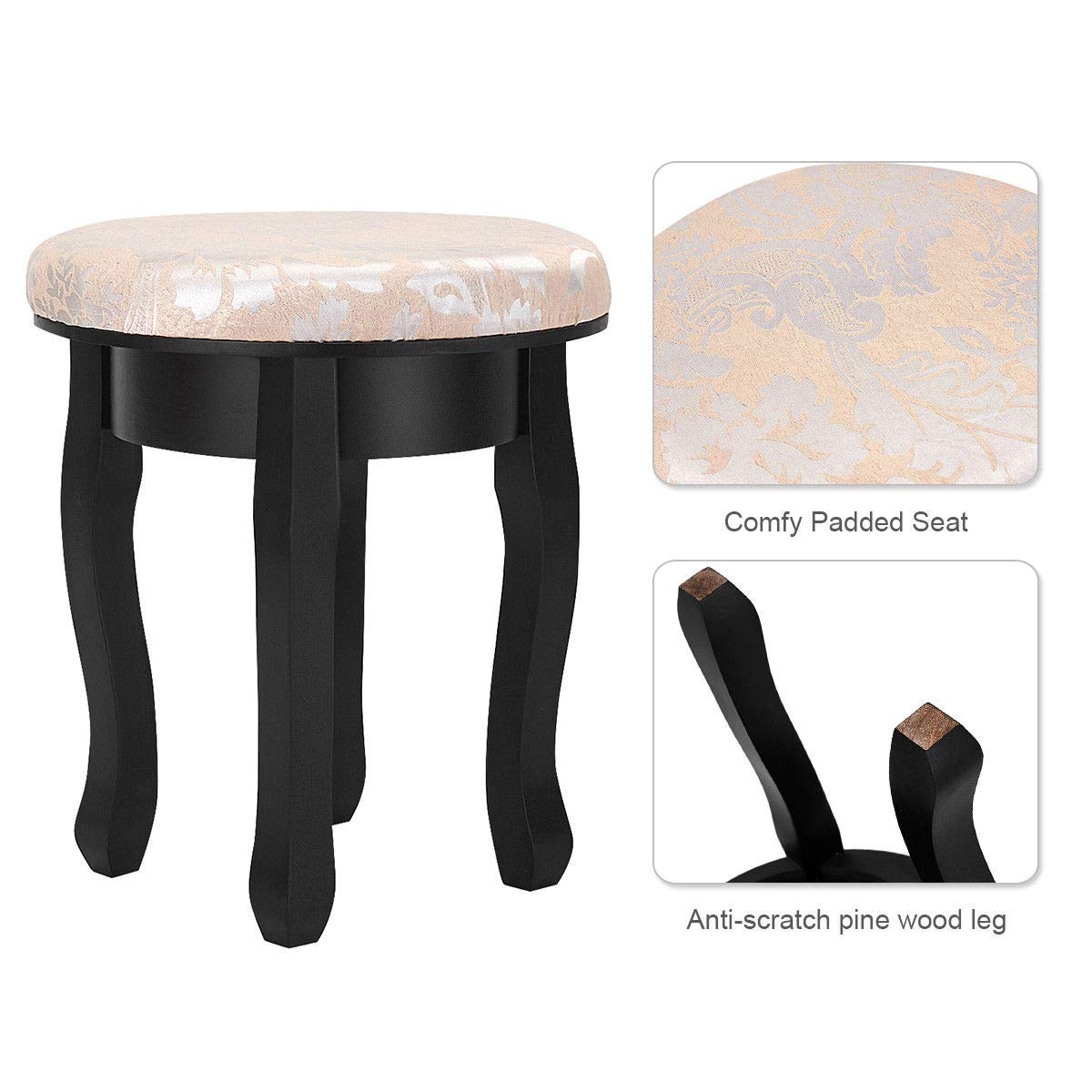 Giantex  Round 360 Degree Rotation Swivel Mirror Dressing Table Stool Wooden Vanity Set (Black with 5 Drawer)