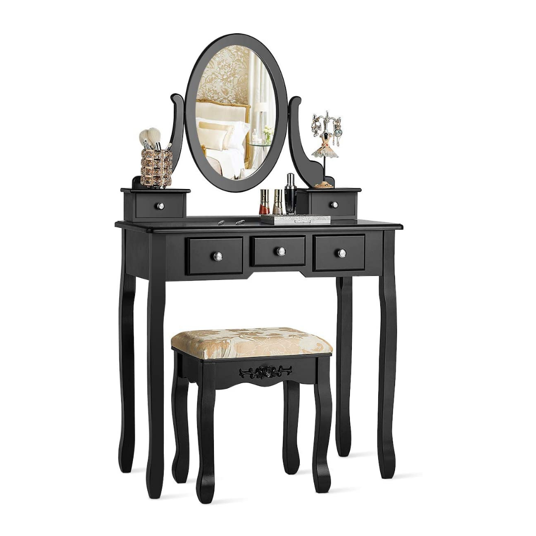 CHARMAID Vanity Table Set with Rotatable Oval Mirror (Black) - Giantexus