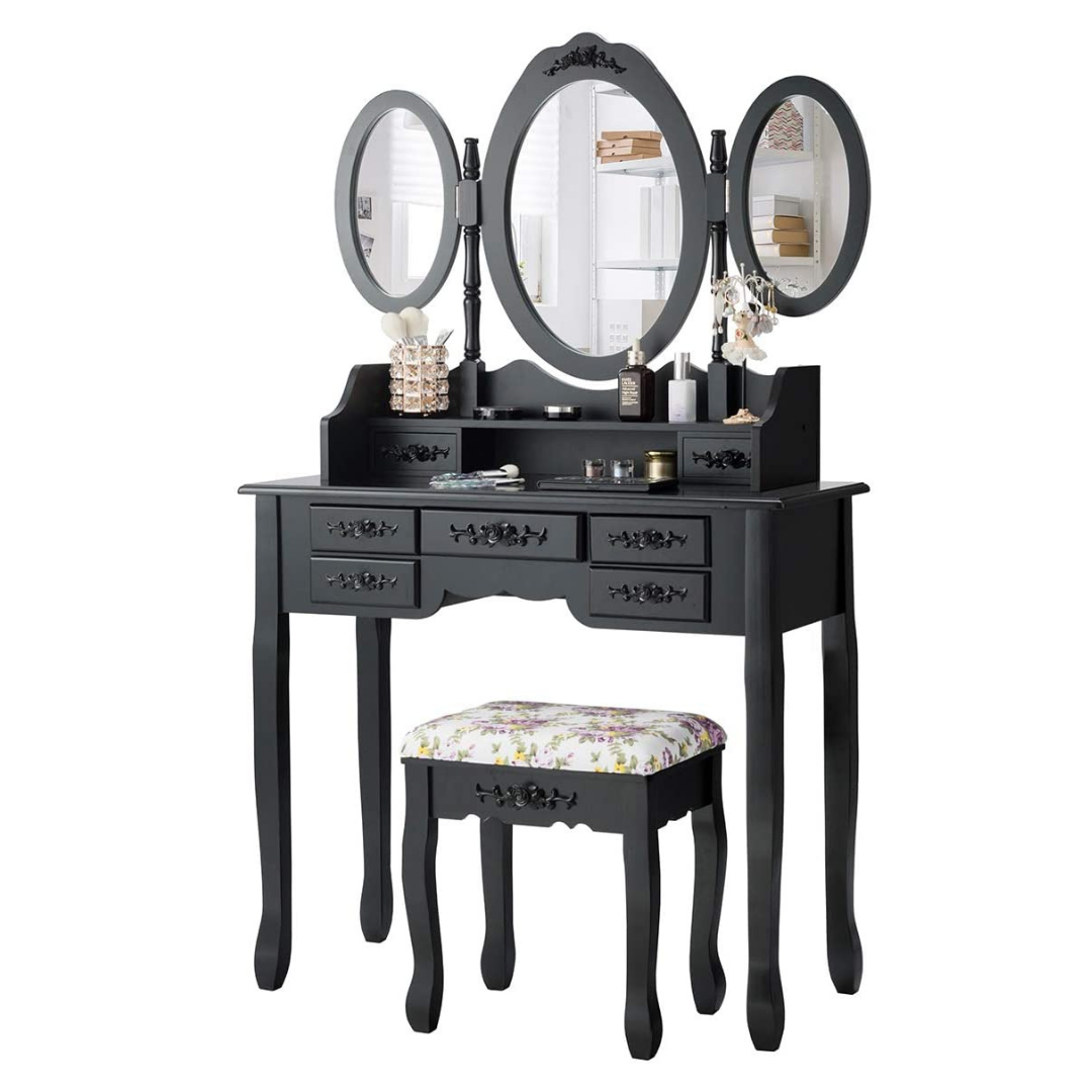 Vanity Set with Tri-Folding Mirror and Cushioned Stool - Giantex