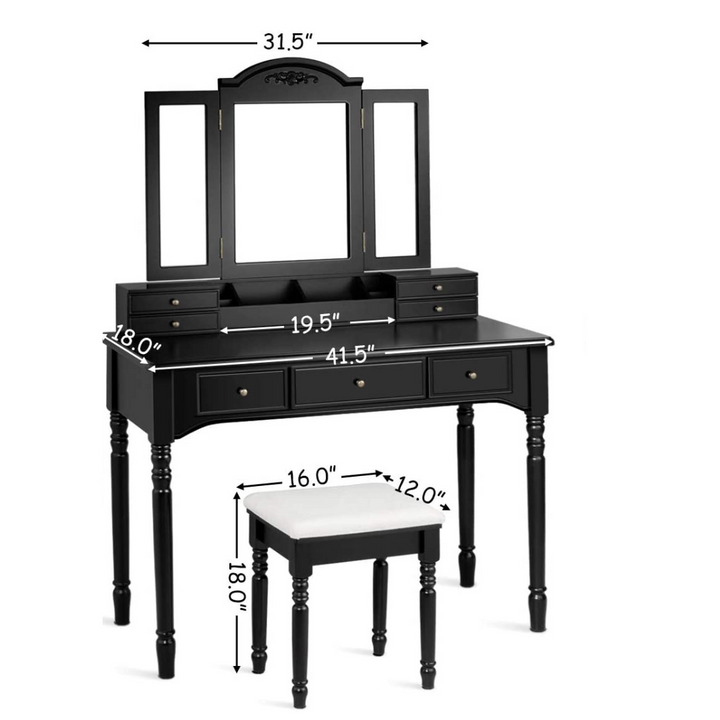 Vanity Set with Tri-Folding Mirror & 8 Necklace Hooks, 7 Drawers, 2 Dividers, 6 Desktop Makeup Organizers - Giantexus
