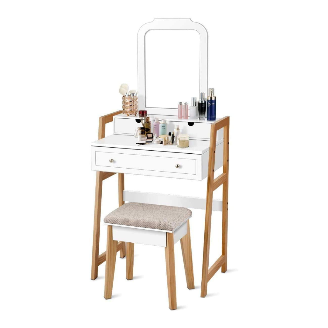 CHARMAID Vanity Set with 2-Tier Tabletop & 3 Drawers, 25inch Dressing Table with Large Mirror and Cushioned Stool - Giantexus