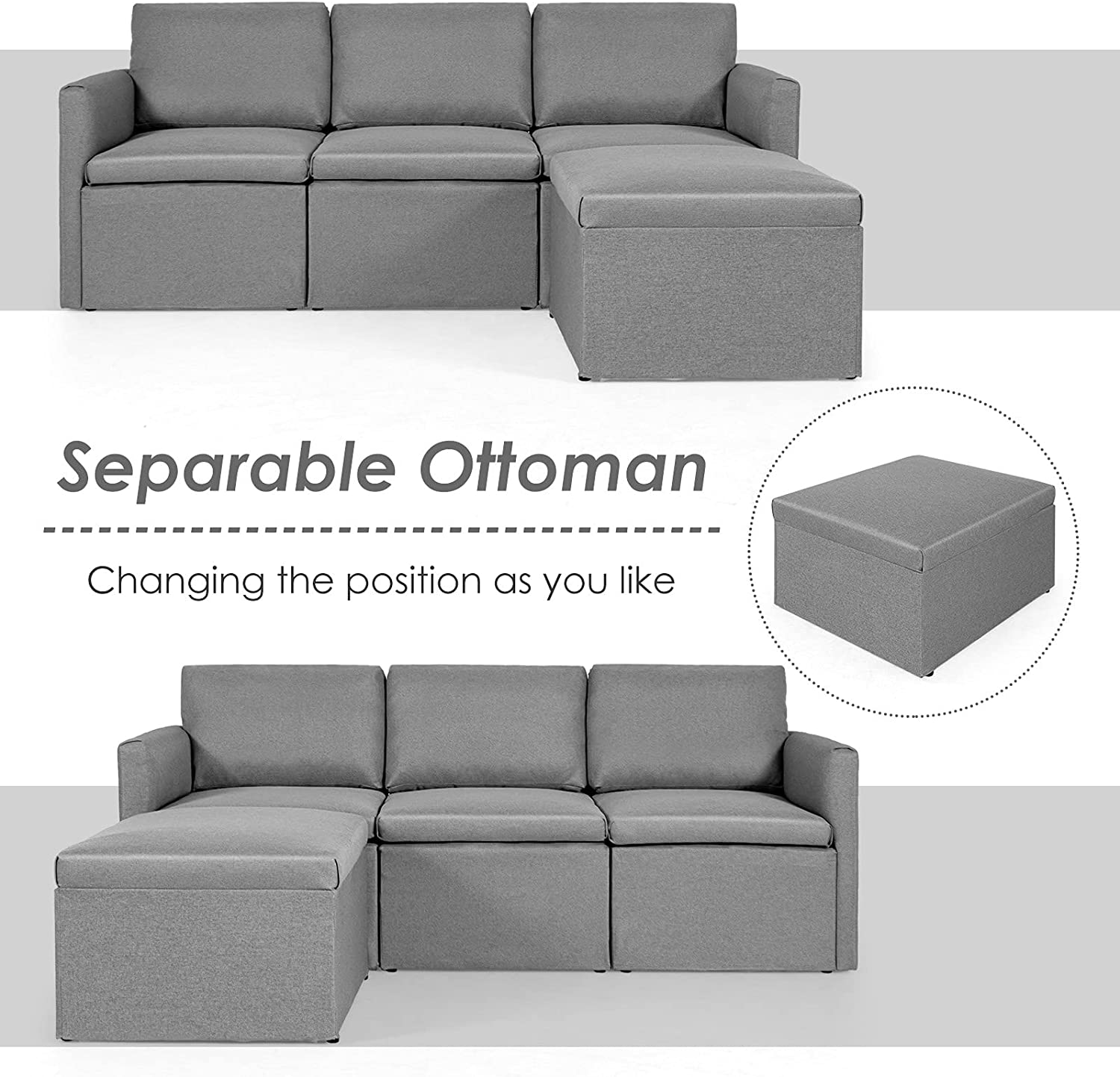 Convertible Sectional Sofa Couch, Modern L-Shaped Sectional Couch 3-Seat Sofa