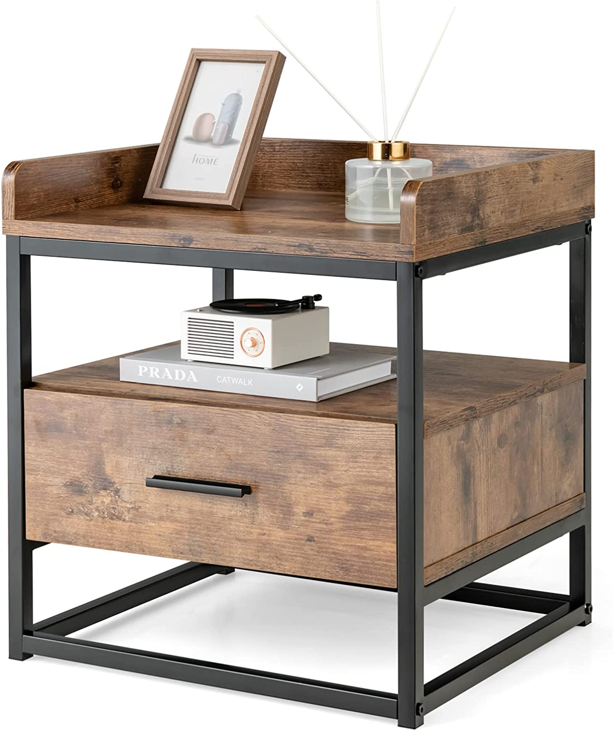 Giantex End Table with Drawer, Nightstand with Handle & Smooth Slide Rail