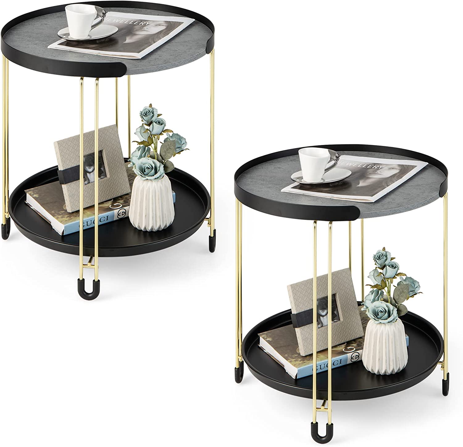 Giantex Modren Side Table, Faux Marble End Table with Golden Frame and Removable Tray