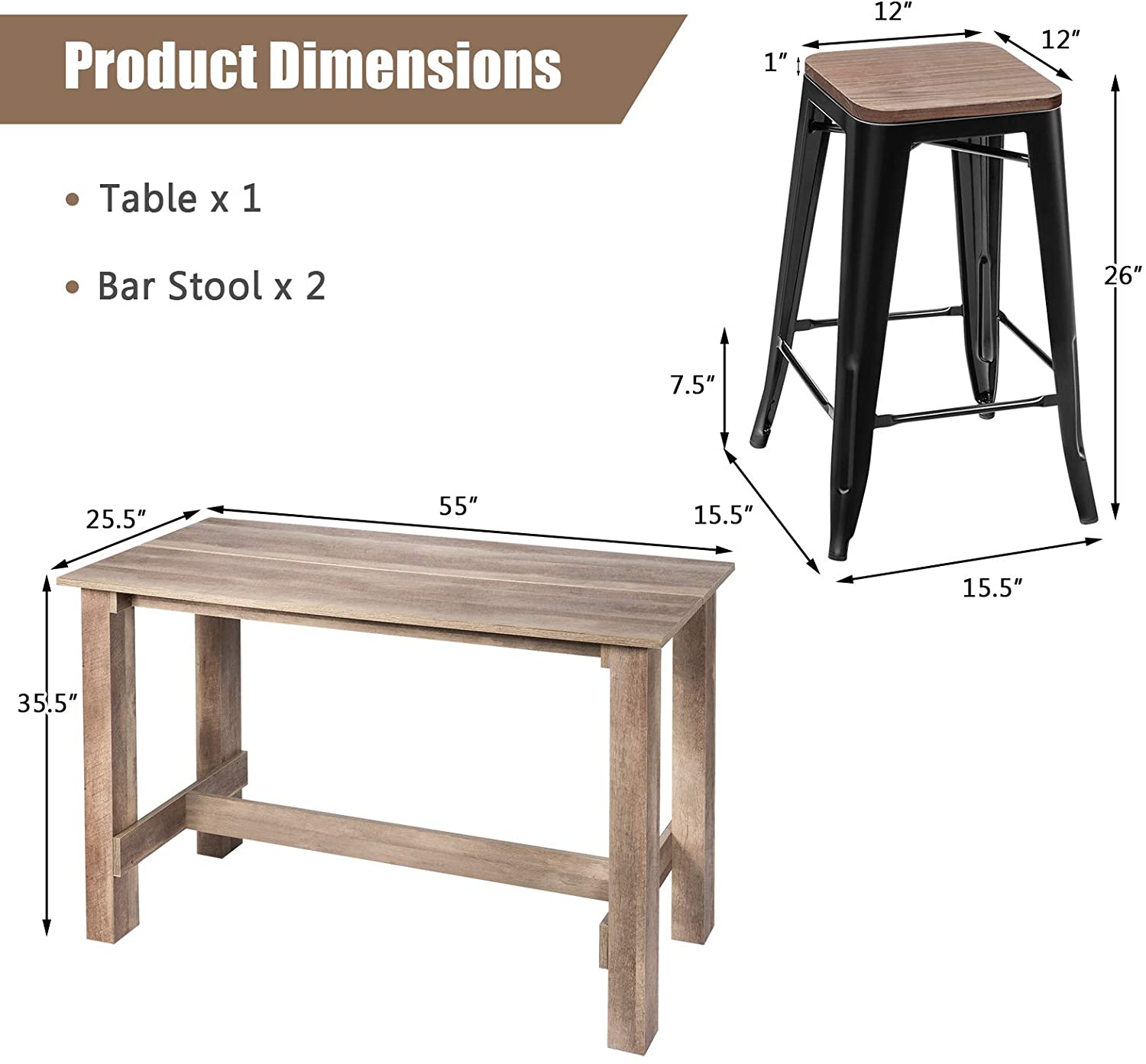 Giantex 3 Pcs Counter height Dining Table Set, 35.5 Inch Industrial Dining Table with 26 Inch 2 Pcs Metal Barstools