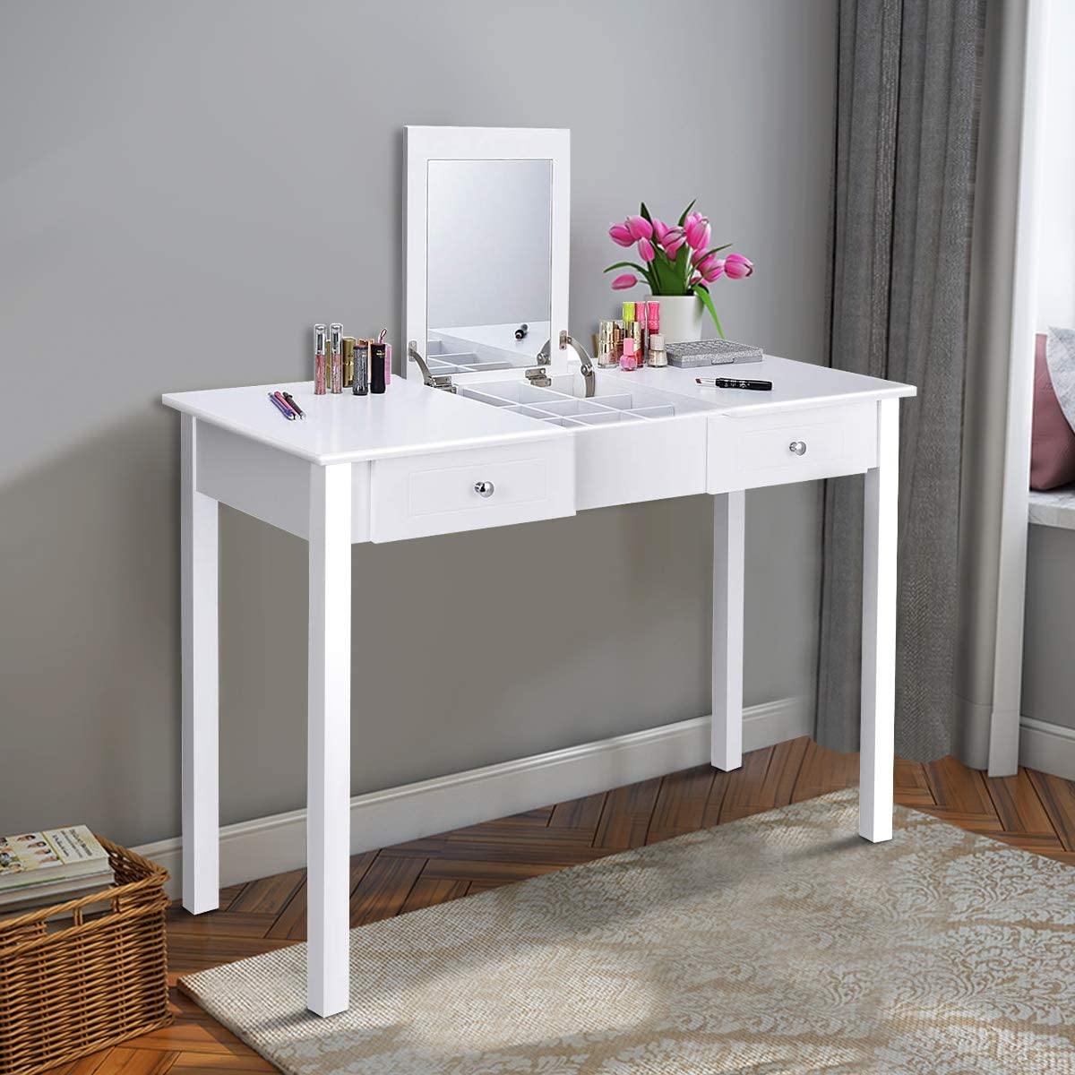 Vanity Table with Flip Top Mirror Easy Assembly, White - Giantexus