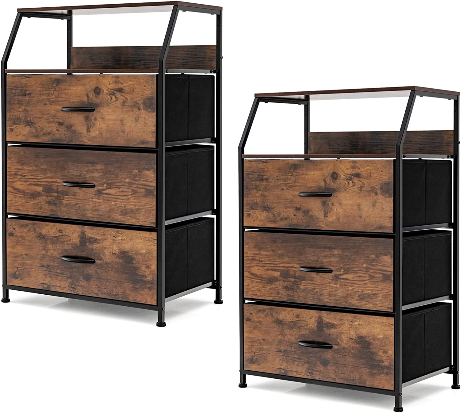 Giantex 3 Drawers Dresser, Storage Tower w/Foldable Fabric Drawers & Open Shelves, Wooden Top & Metal Frame