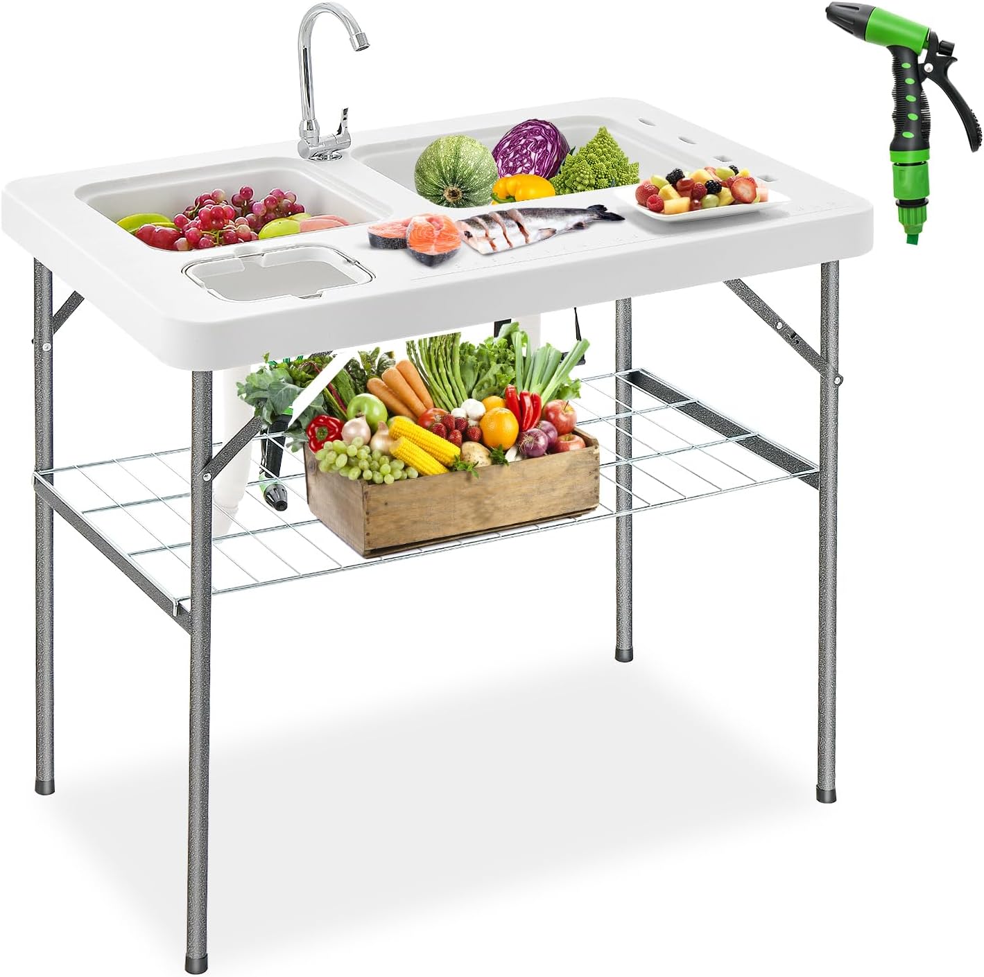 Giantex Fish Cleaning Table with 2 Sinks, Faucet, Garage Holder, Portable Folding Camping Table with Measuring Mark