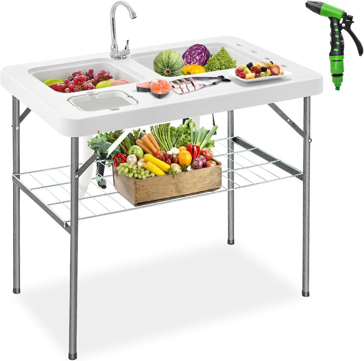 Giantex Fish Cleaning Table with 2 Sinks, Faucet, Garage Holder, Portable Folding Camping Table with Measuring Mark
