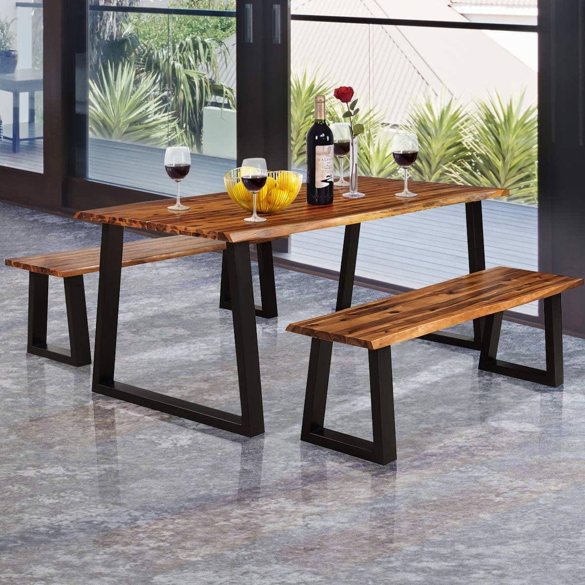 3PCS Wooden Dining Set Bench Chair Rustic Indoor &Outdoor Furniture - Giantexus