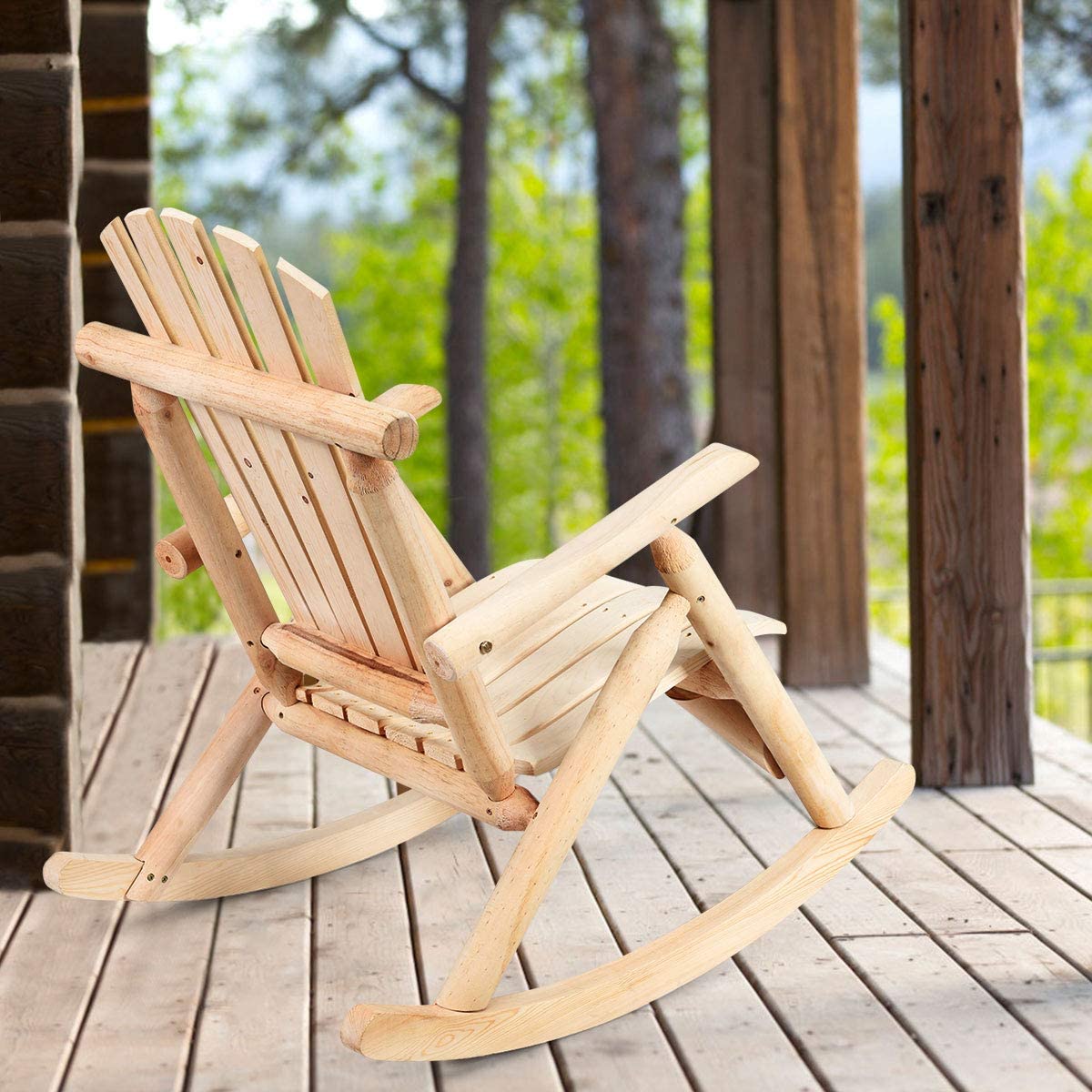 Log Rocking Chair Wood Porch & Patio Rocker for Deck Balcony