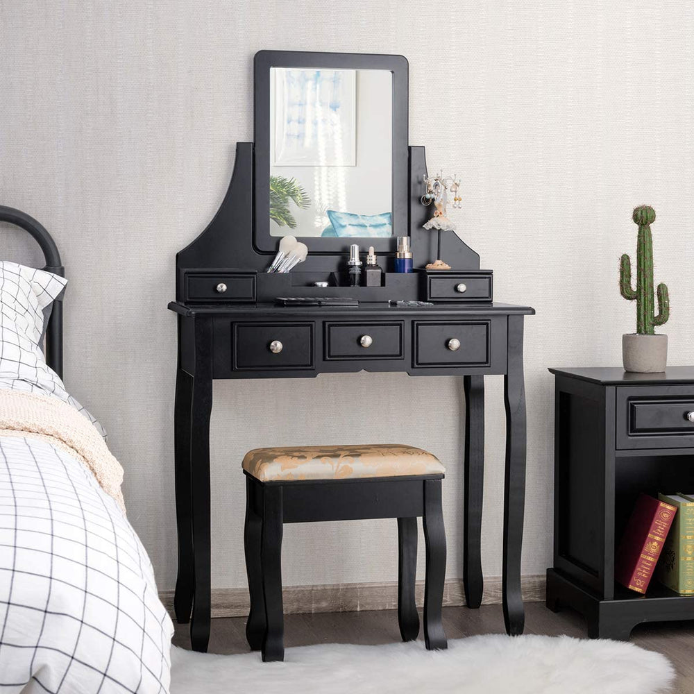 CHARMAID Makeup Vanity Set with Mirror and Cushioned Stool, 5 Drawers and Removable Storage Organizers - Giantexus