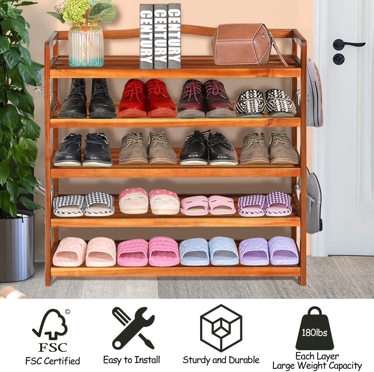 Giantex 5-Tier Wood Shoe Rack Entryway Shoe Shelf Storage Organizer for Hallway, 33"Lx10"Wx32"H