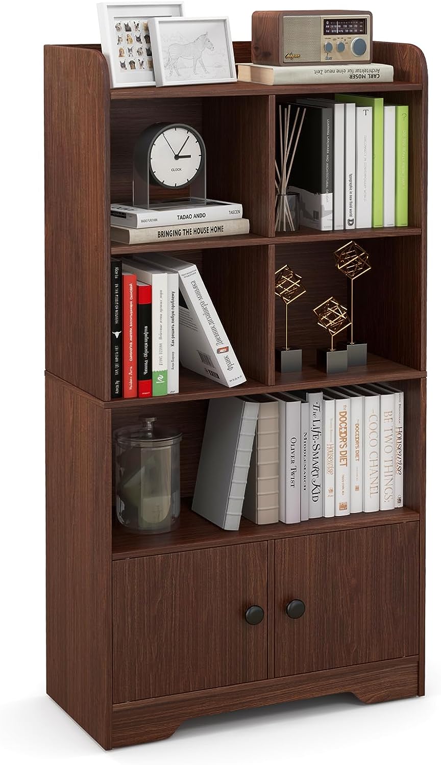 Giantex 4-Tier Bookcase with Doors, 47.5'' Tall Freestanding White Bookshelf with 3 Shelf