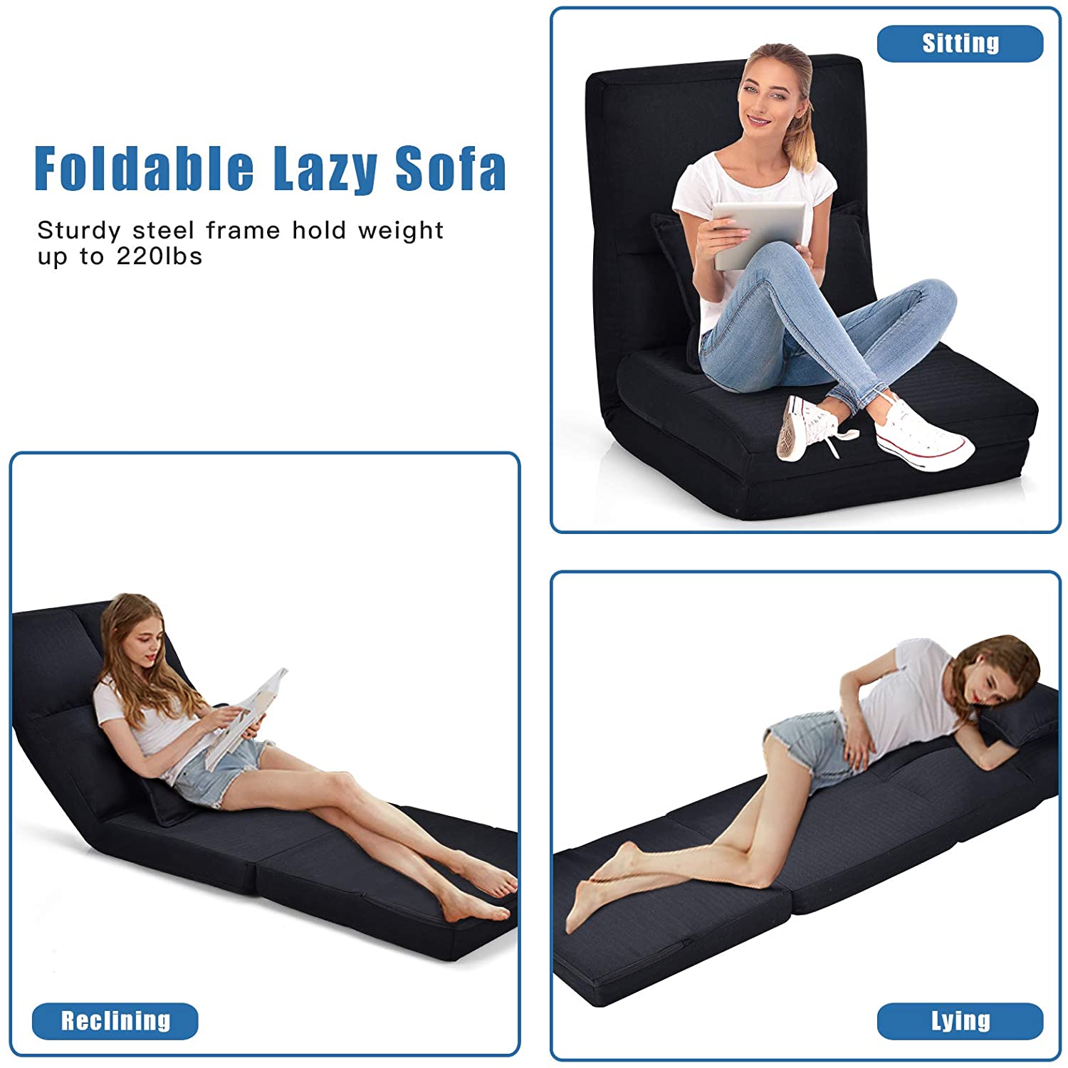 Triple Fold Down Sofa Bed, Adjustable Floor Couch Sofa with One Pillow, 6 Reclining Position