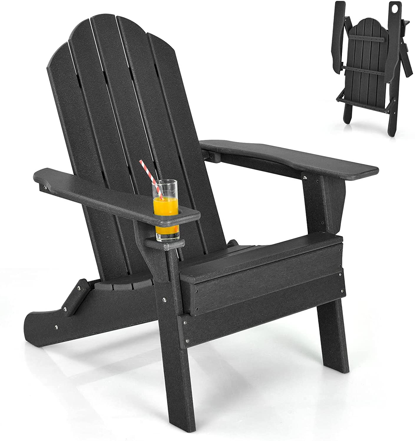 Adirondack Chair Outdoor Folding Chairs, Weather Resistant Patio Chair with Built-in Cup