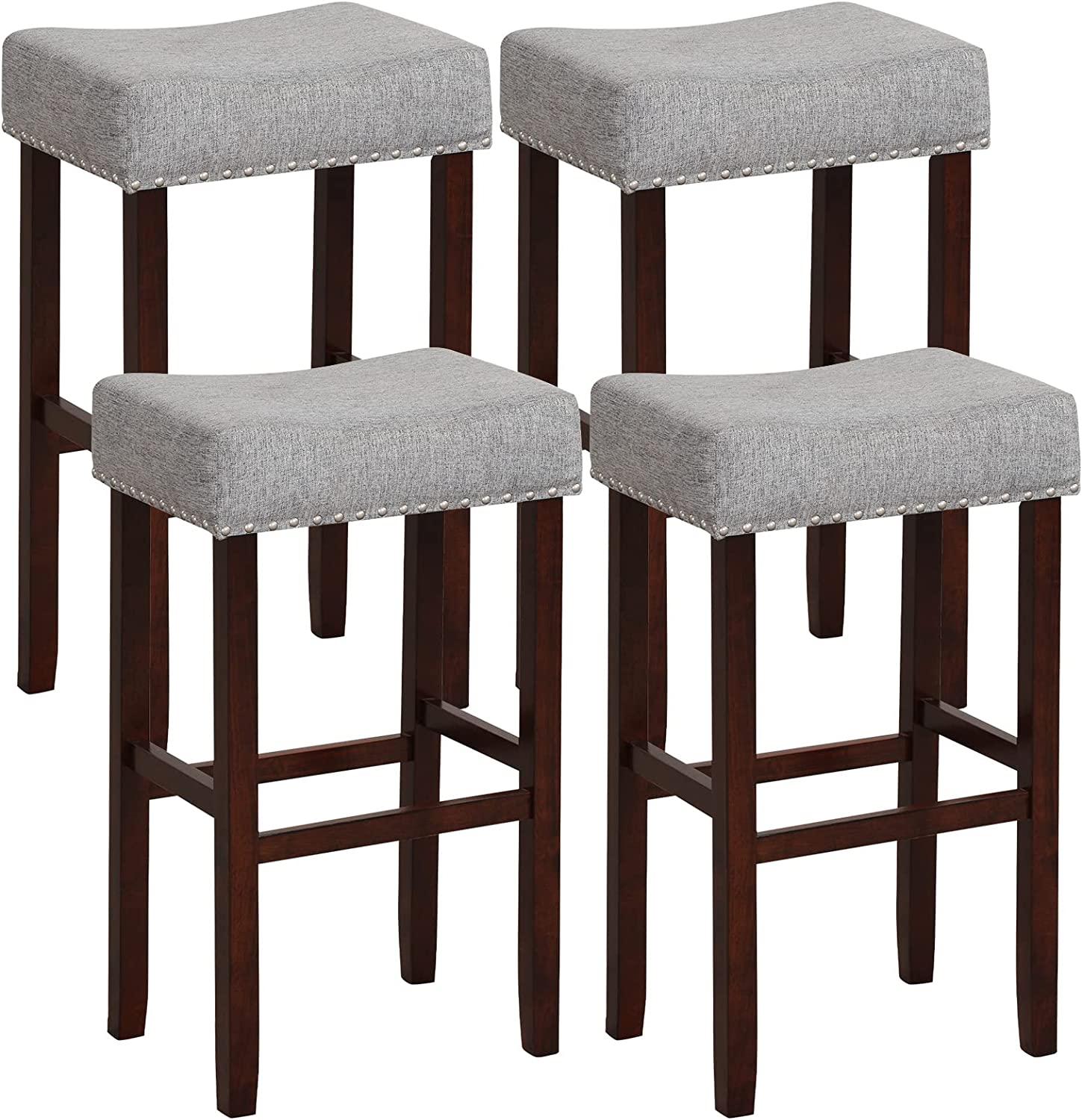 Giantex 29.5" Bar Height Bar Stools Set of 4 - Backless Saddle Barstools with Nailhead Linen Foam Seat