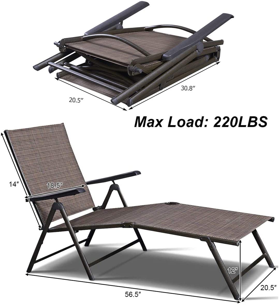 Set of 2 Chaise Lounge Chair with 5 Adjustable Reclining Positions