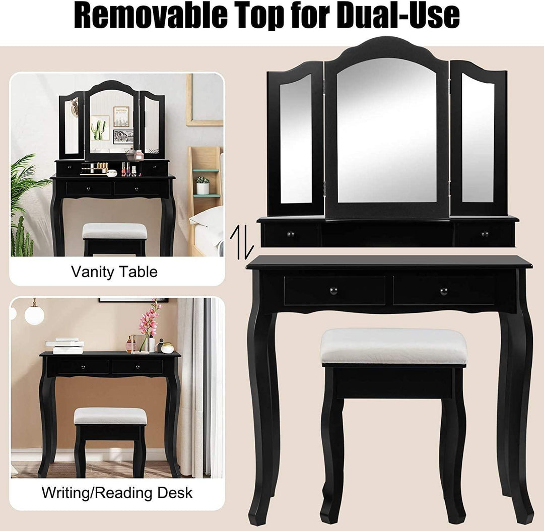 Vanity Table Set with Tri-Folding Mirror and 4 Drawers - Giantexus