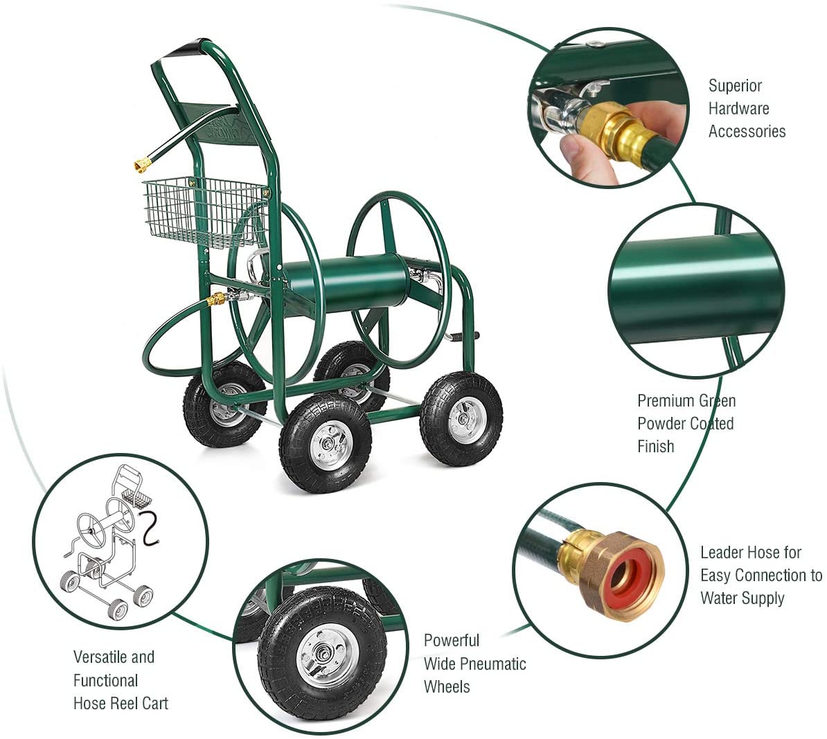 Garden Hose Reel Cart 4-Wheel Lawn Watering Outdoor Heavy Duty Yard Water Planting