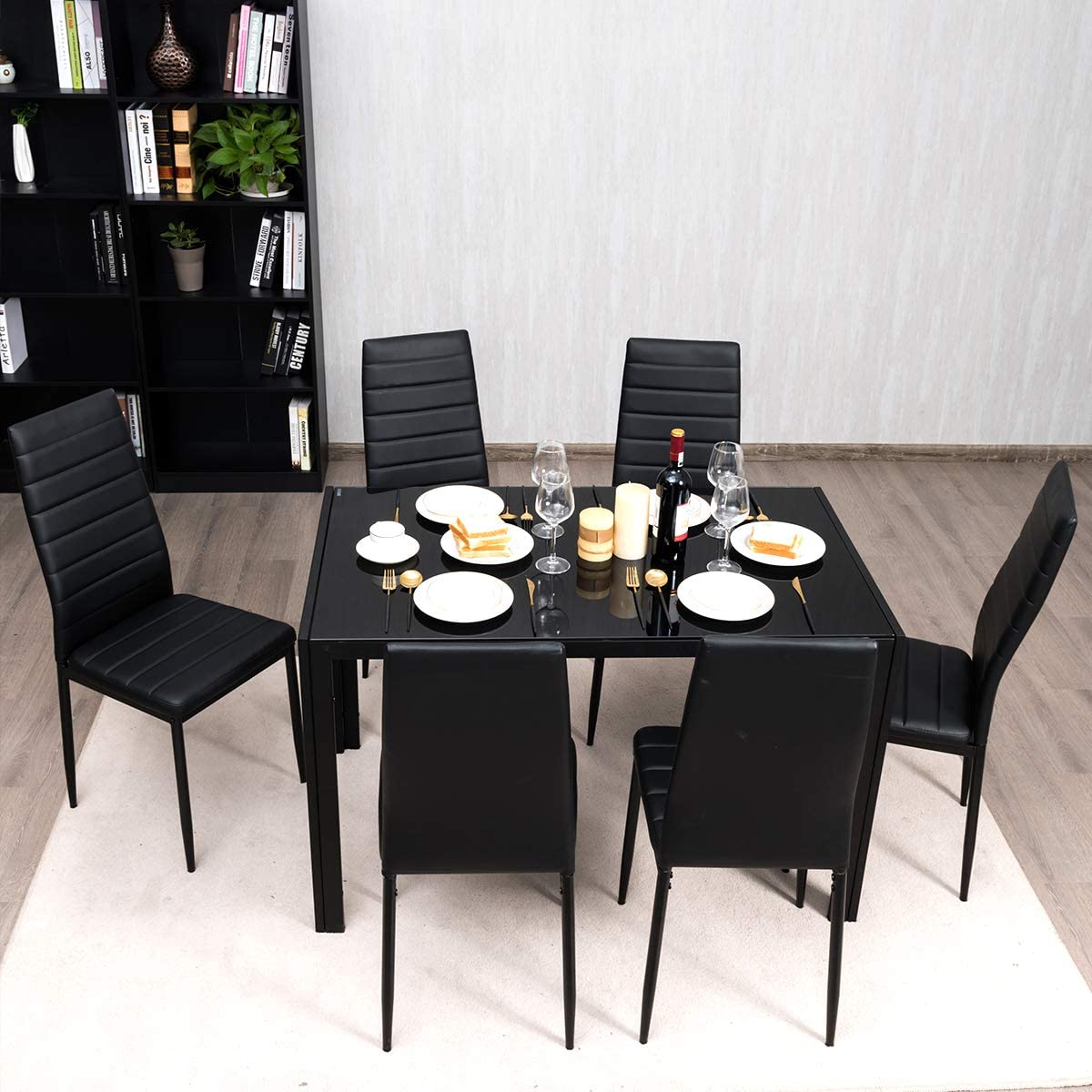 Giantex Kitchen Dining Table Set, Glass Tabletop Dining Room Set with Leather Padded 6 Chairs, Black