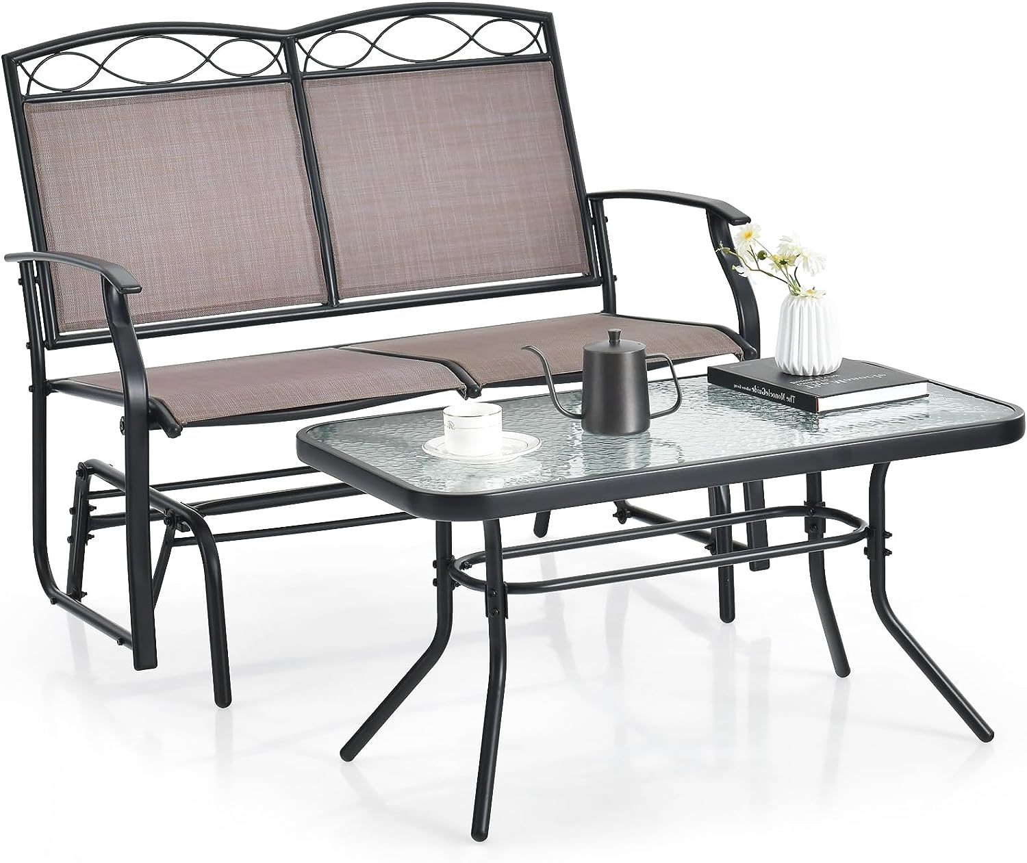Giantex 4 or 2 PCS Outdoor Glider Chairs Set - Patio Furniture Set with Tempered Glass Table (4 PCS, Brown)