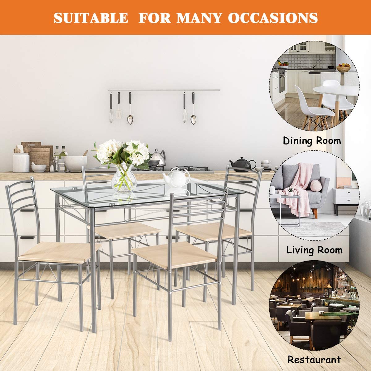 Giantex 5 Piece Dining Table Set, Kitchen Dining Set with Tempered Glass Table Top and 4 Chairs