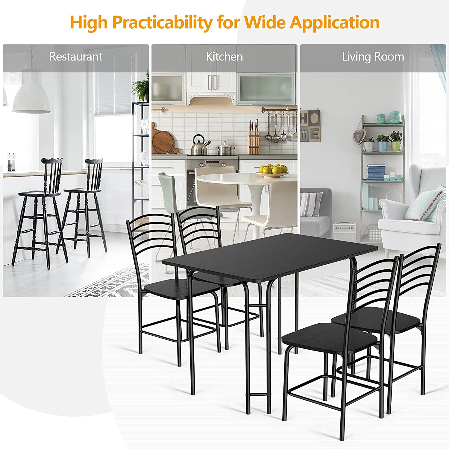 Giantex 5 PCS Dining Table Set 4 Person, Modern Kitchen Table and 4 Chairs,Black