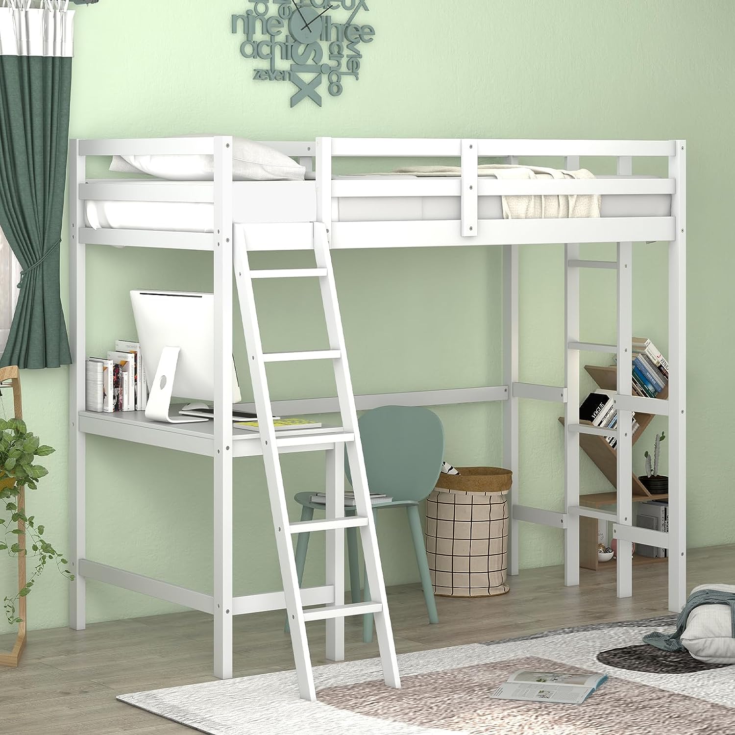 Giantex Twin Size Loft Bed with Desk, Solid Wood Loft Bed with 2 Ladders & Full Length Guardrail