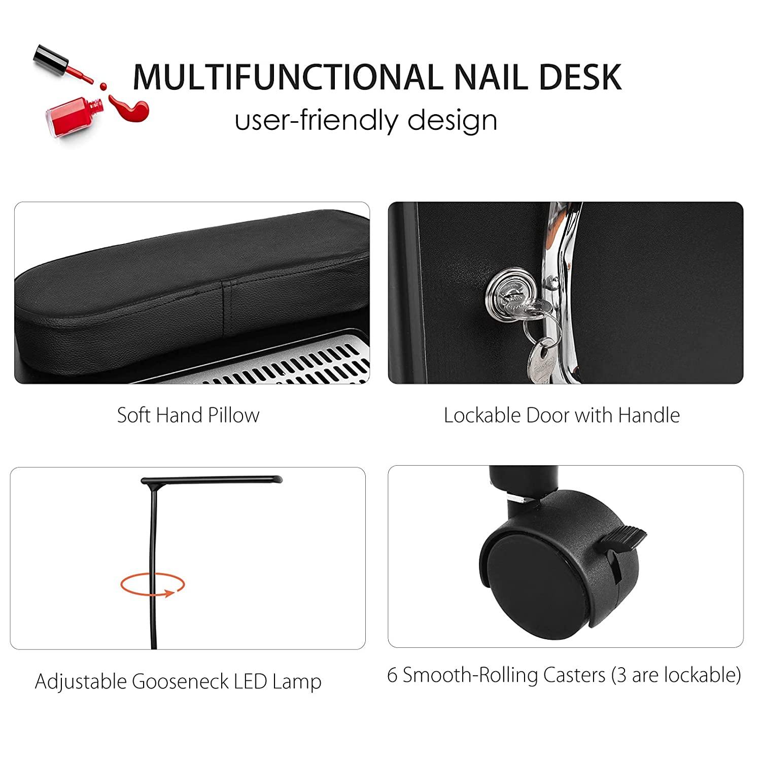 Nail Desk Manicure Table Steel Frame Nail Tables for Technician (Pure Black) - Giantexus