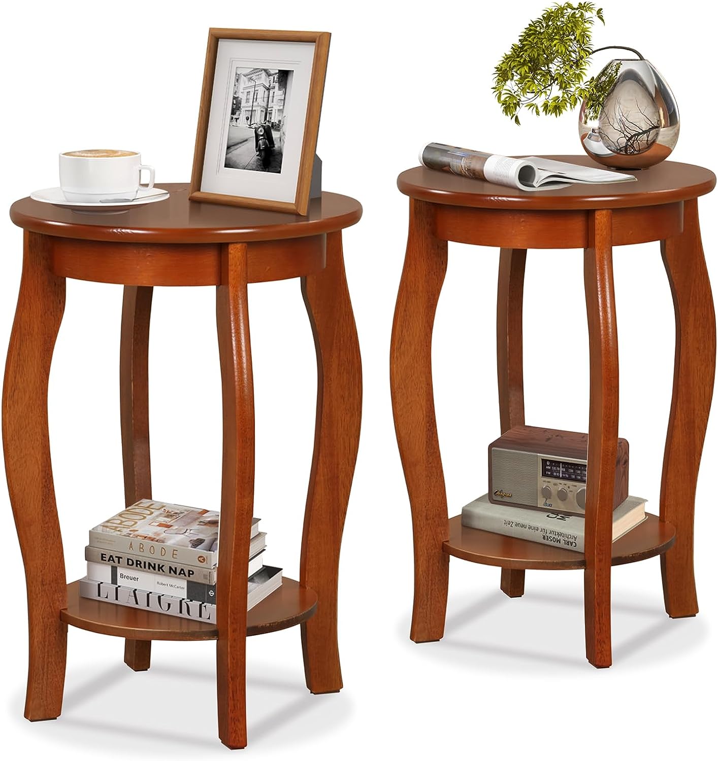 Giantex 2-Tier Round End Table, Narrow Tiered Telephone Table with Storage Shelf, Solid Wood Legs