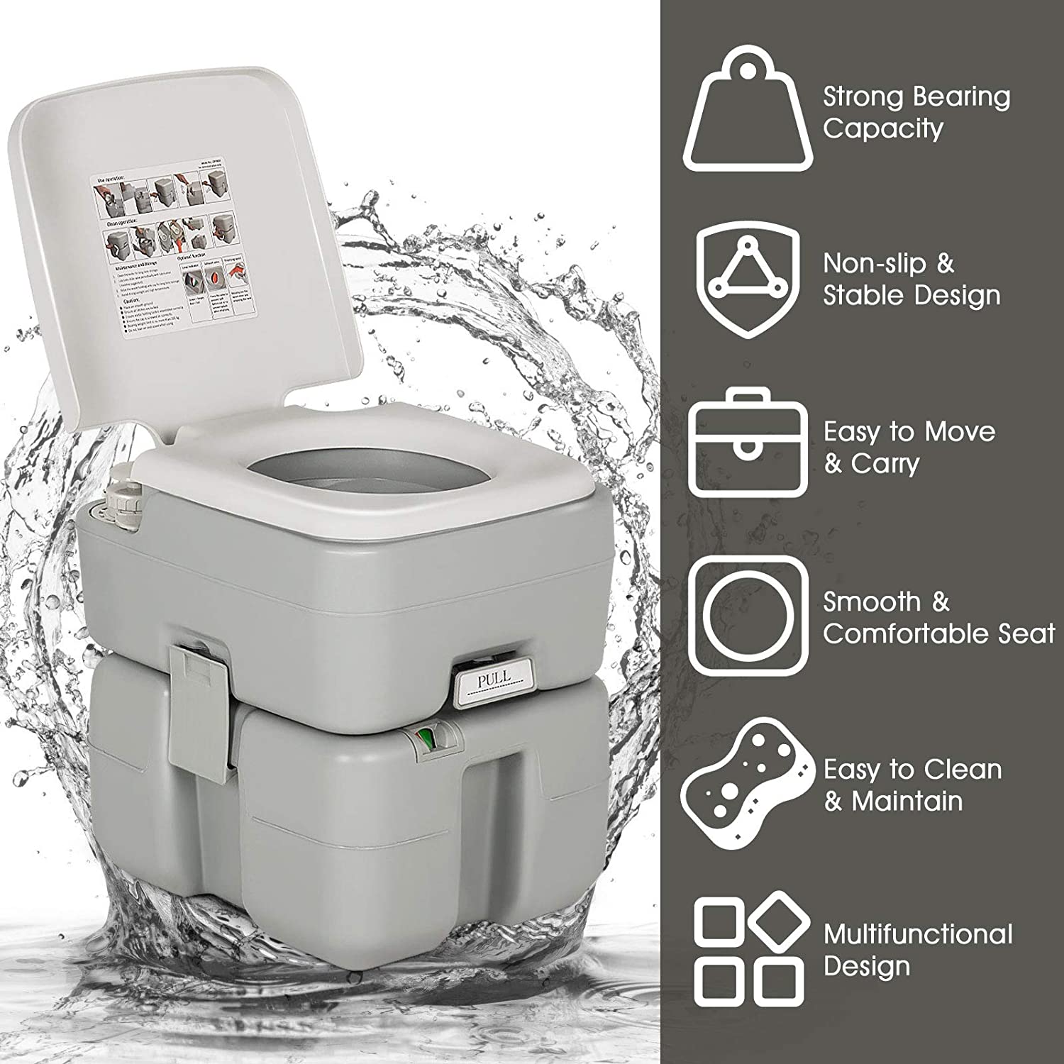 Portable RV Toilet 5.3 Gallon with Level Indicator & 3-Piston Pump Flush