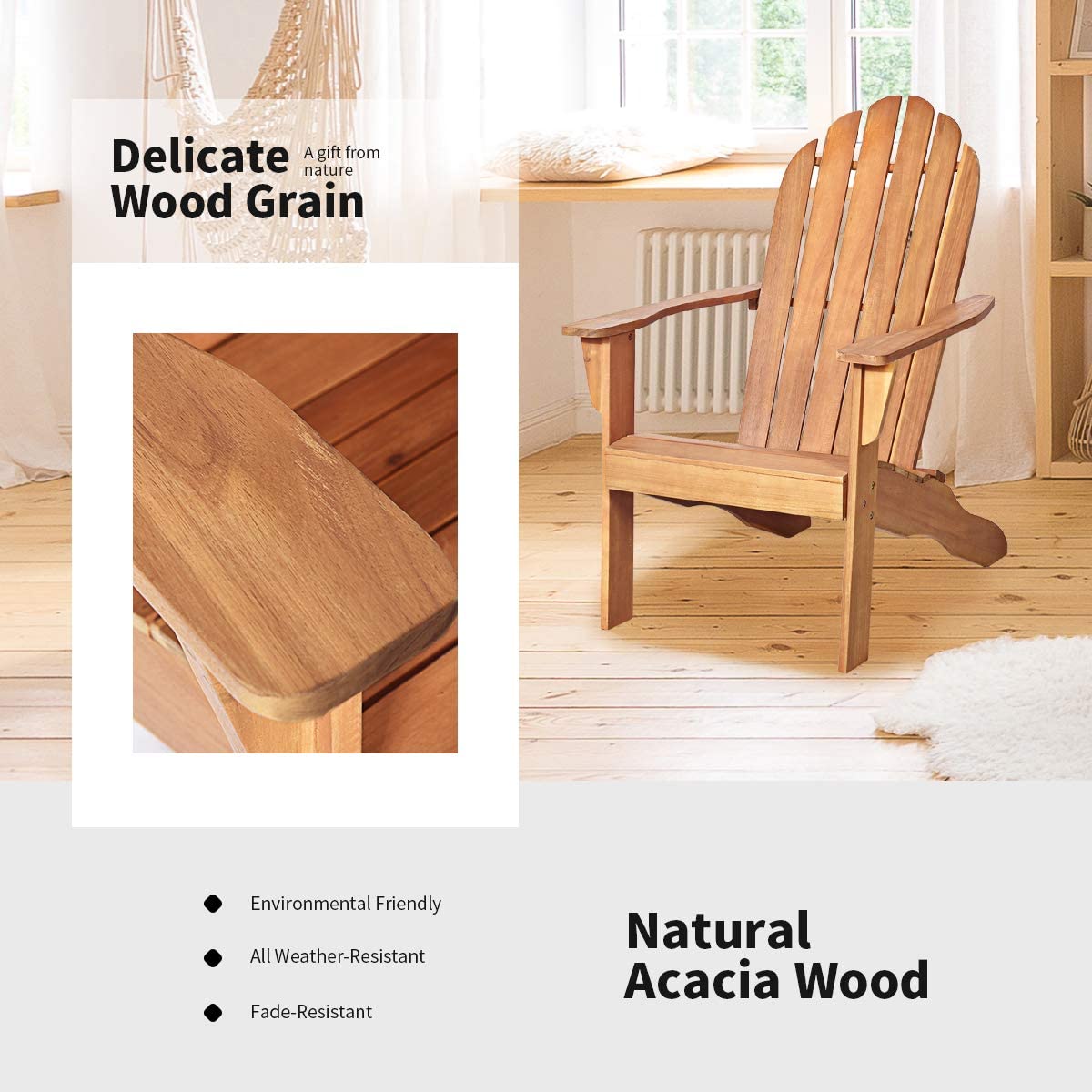 Giantex Adirondack Chair Outdoor Wooden W/Ergonomic Design Acacia Chair for Yard