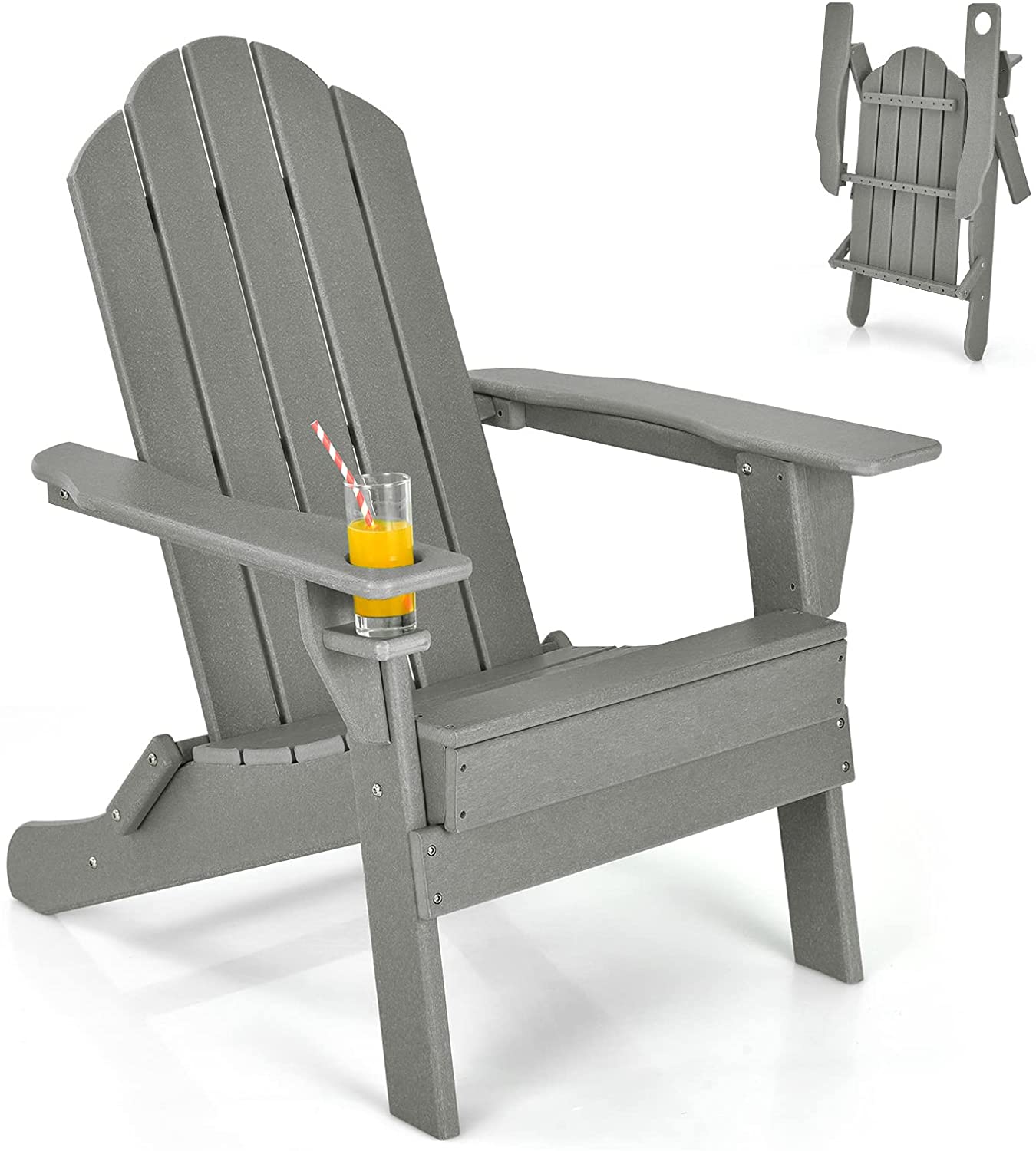 Adirondack Chair Outdoor Folding Chairs, Weather Resistant Patio Chair with Built-in Cup