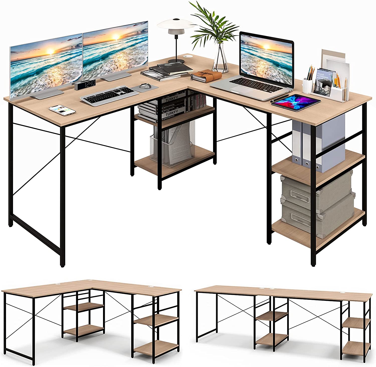 Giantex L Shaped Computer Desk, 60" Reversible Corner Desk with 4 Storage Shelves & Cable Holes